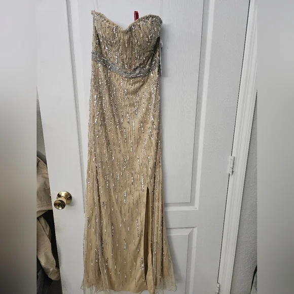 NWT Lara Dresses 29035 Champagne Pearl Strapless Beaded Evening Gown Sz 4 - Picture 2 of 13